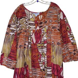 Only Necessities Womens 5X Boho Print 3/4 Sleeve Cotton Dress Pockets Zip Orange